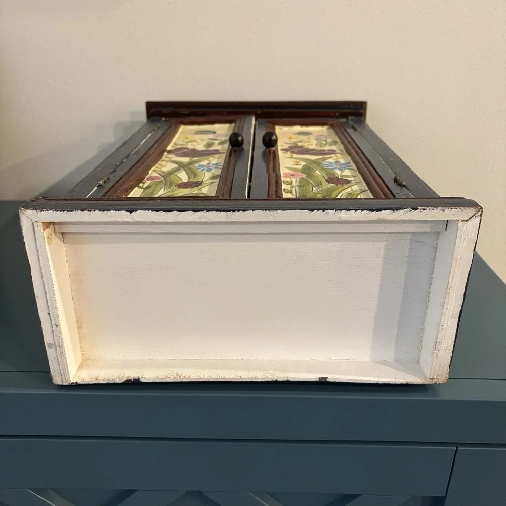 Blue Floral Painted Wood Cabinet Double Door 2 Shelves w Magnet Latch 14x10x5''